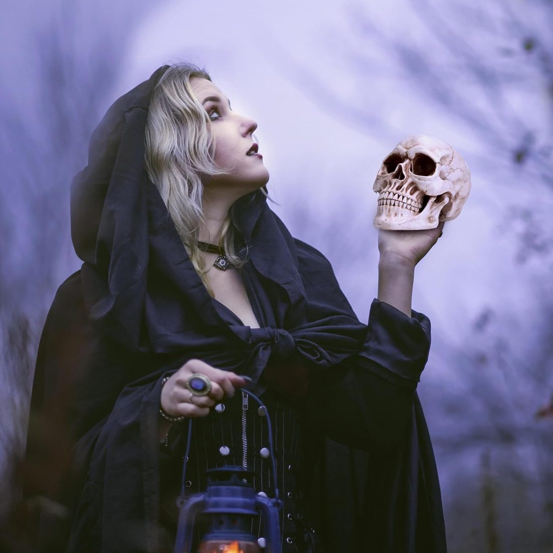Readaeer life size resin skull held up in lantern light